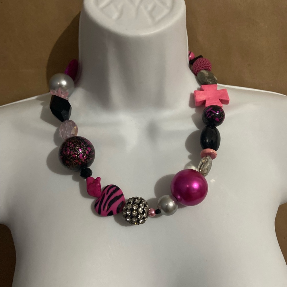 Pink and Black Beaded Necklace